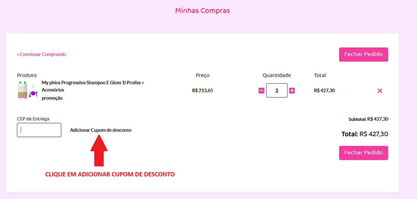 (Imagem 01)-Clique em adicionar cupom de desconto no carrinho de compras