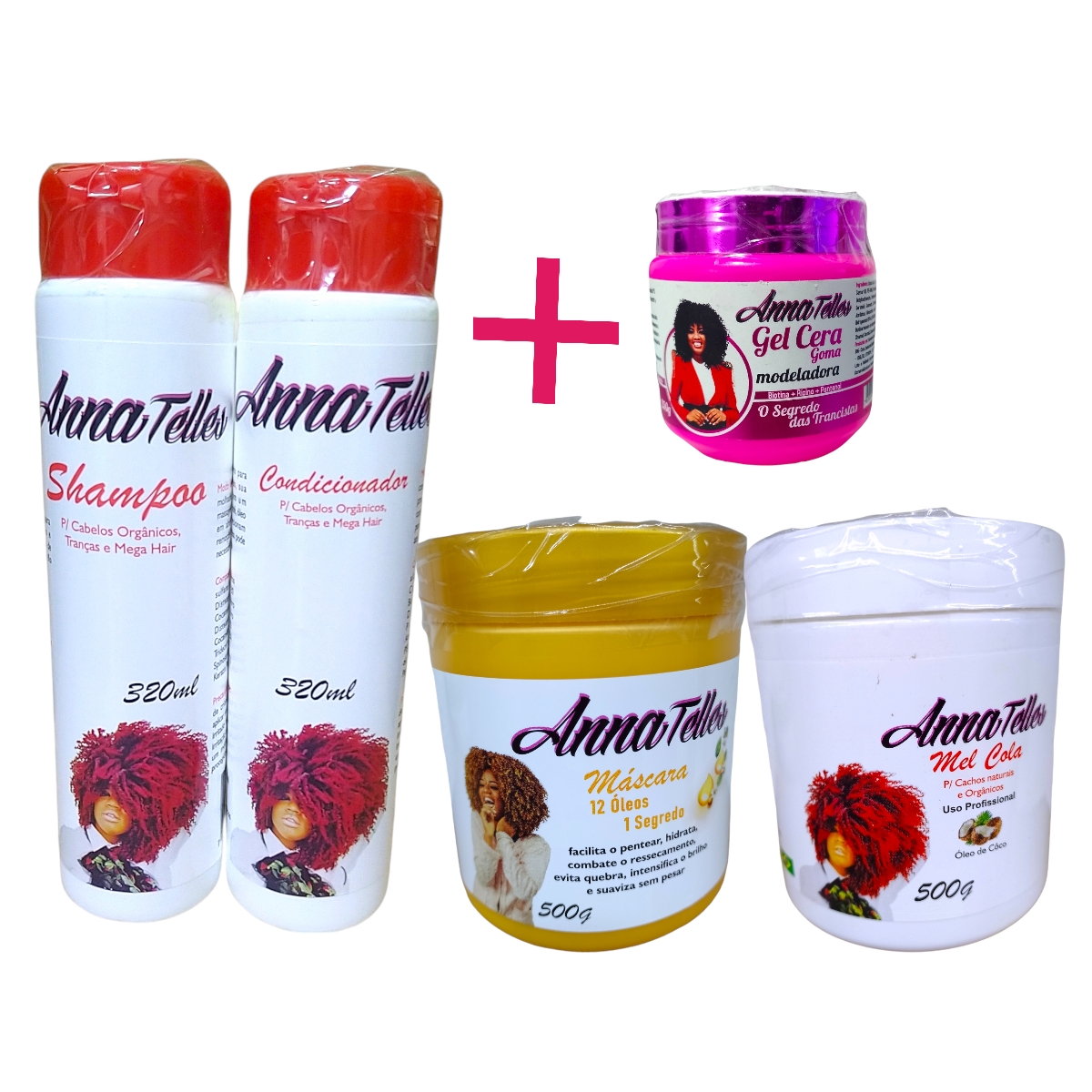 kit Shampoo 320ml, Condicionador 320ml, Máscara 12 Óleos 500g, Mel Cola Coco 500g e Gel Cera 250g.