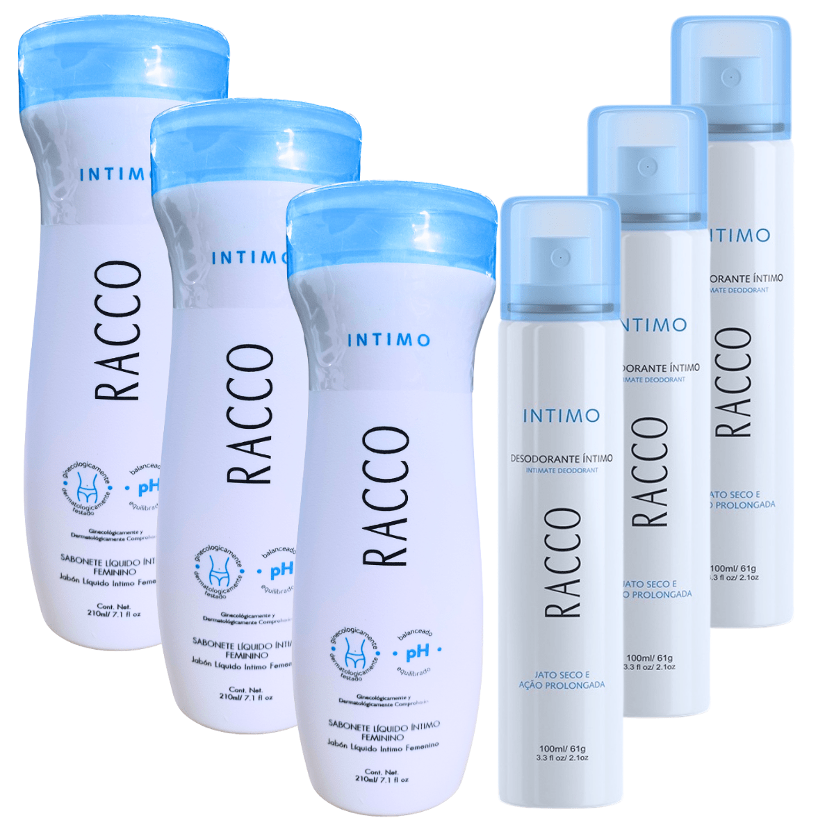 Combo 3 Sabonetes Líquidos e Desodorantes Jato Seco Intimo Racco