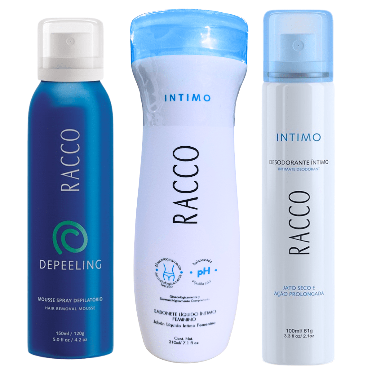 KIT SABONETE LÍQUIDO ÍNTIMO FEMININO, DESODORANTE SPRAY ÍNTIMO E MOUSSE DEPILATÓRIO DEPEELING RACCO